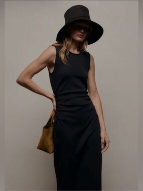 James Perse Black Sleeveless Cotton Midi Dress, Ruching size O/small retail $300